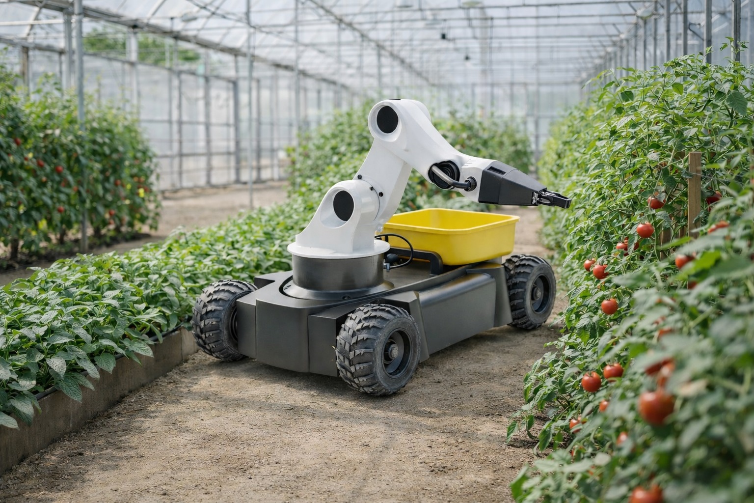 Agronomic Robotics harvester bot detail with robotic arm and tray
